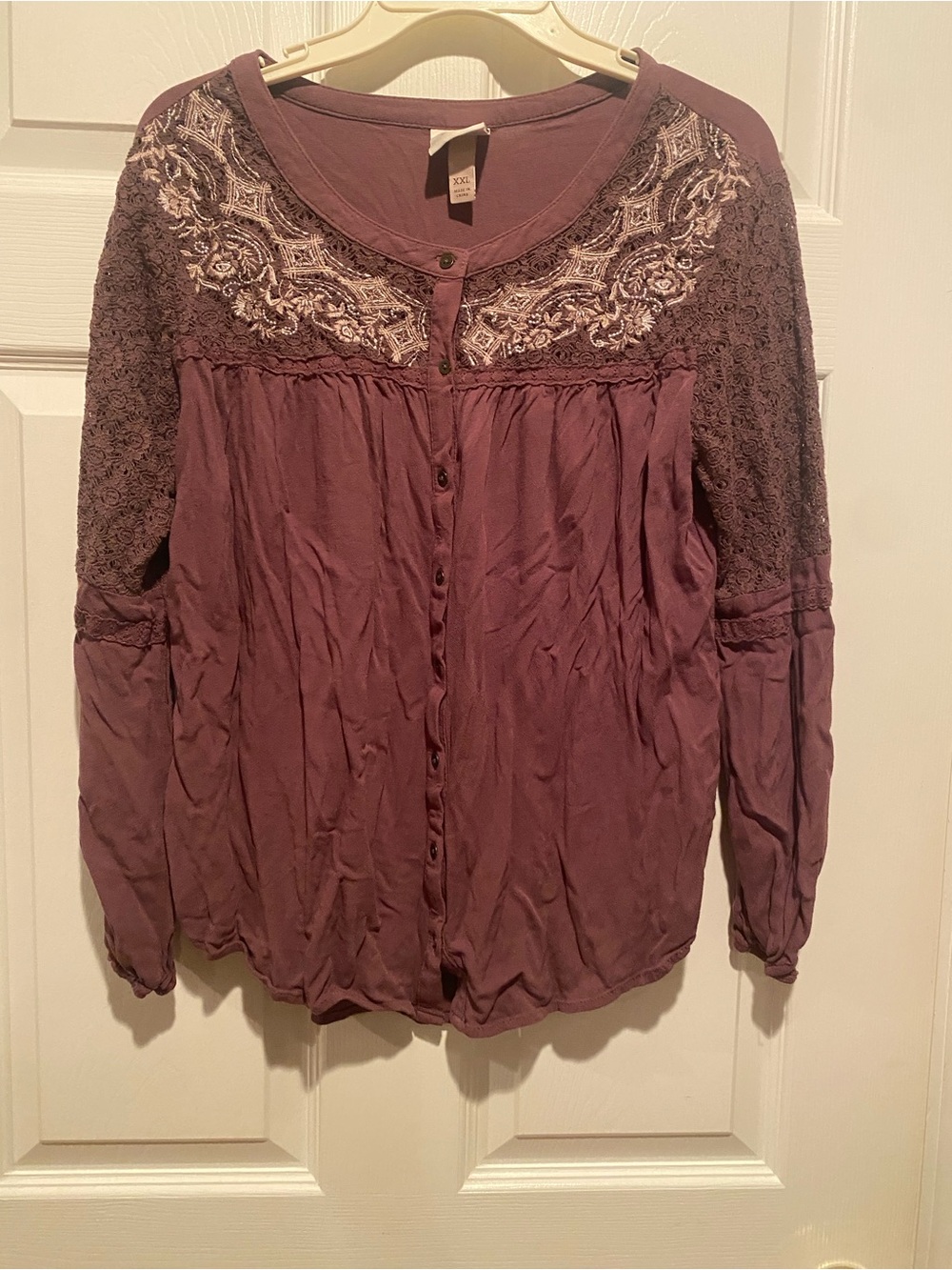 Knox Rose Plum Embroidered Lace Yoke Button-Down Top